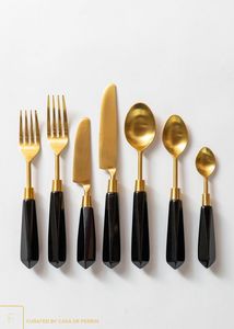 Meilleures ventes - Ensemble de couverts en acier inoxydable doré avec manche noir - Ensemble de couverts de luxe - Cuillère, fourchette, couteau - Ensemble de couverts modernes en or avec noir - Product Image 1