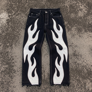 Red <b>Jeans</b> Streetwear Fashion Denim Pants <b>White</b> Design Casual Distressed Hem Custom Wholesale Men <b>Women</b> Unisex - Product Image 4
