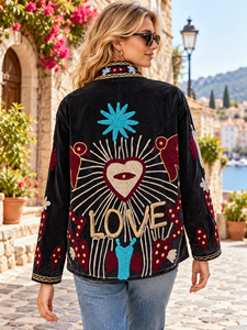 Indian Suzani <b>Velvet</b> Embroidered Jacket, Handmade Black color Women's Winter Boho Coat comfort fit jackets garments - Product Image 6