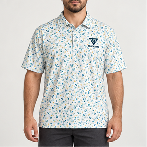 Trackstar Men's White <b>Blue</b> Gold Abstract Leaf Print <b>Polo</b> <b>Shirt</b> Short Sleeve Button Collar Golf <b>Shirt</b> Custom Logo - Product Image 1