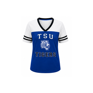 Camiseta Personalizada Azul y Blanca con Cuello en V para Mujer, Estilo Jersey Deportivo, Manga Corta, Marca Privada OEM - Product Image 1