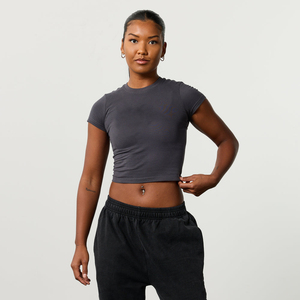 Women <b>Crop</b> <b>Top</b> Crew Neck Solid Color Knitted Cotton Casual Short Sleeve T-Shirt Breathable Fit - Product Image 1