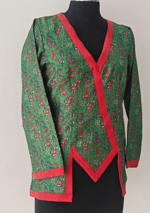 Women's Tussar <b>Silk</b> Jacket | Kalamkari Inspired Print, <b>Red</b> Border Wrap Style - Product Image 5