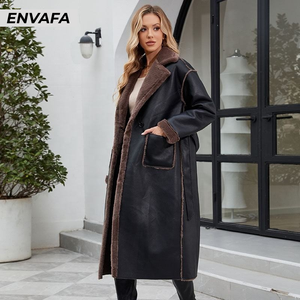 High Quality Luxury Belted Turndown Collar Wholesale Customize Thick Winter Solid Casual PU Leather <b>Fur</b> Coat Women's Long Coat - Product Image 6