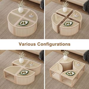 Tavolino da Caffè Modulare in 4 Pezzi, Rattan Naturale Chiaro, da Rotondo a Quadrato con Vano Portaoggetti - Product Image 6