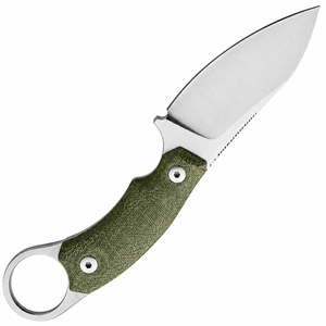 Cuchillos de caza de hoja fija con mango texturizado verde oliva, anillo de dedo plateado para la hoja y funda de cuero negro para exteriores - Product Image 4