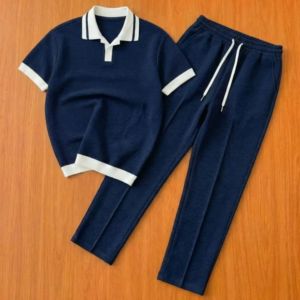 Custom Men's 2 Piece <b>Knit</b> <b>Set</b> Short Sleeve Shirt and Long Pants Tracksuit - Product Image 5