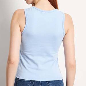 Camiseta sin Mangas de Punto Azul Claro para Mujer, Cuello Redondo, Color Sólido, Informal, Largo Regular, 100% Algodón - Product Image 3