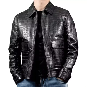 Veste en cuir gaufré croco pour homme, style motard, fermeture éclair sur le devant, col rabattu, coupe ajustée, pour l'automne - Product Image 6