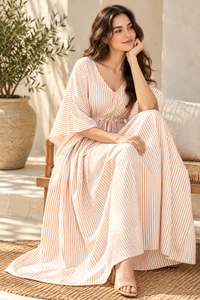 Women's Floral Woven Maxi Kaftan in White Orange V Neck Sleeveless Bohemian Beach <b>Cover</b>-<b>Up</b> Resort Wear - Product Image 2