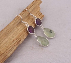 Natural Prehnite & Amethyst <b>Earrings</b> 925 Sterling Silver Multi-Stone Drop <b>Earrings</b> <b>Handmade</b> Wholesale Gemstone Jewelry - Product Image 3