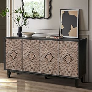Credenza Buffet in Legno Massello Stile Mid-Century da 60 Pollici con 4 Motivi a Diamante Convessi per Cucina - Product Image 2