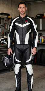 Conjunto de Chaqueta y Pantalones de Cuero Blanco y Negro para Motociclismo para Hombre - Product Image 4