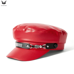 Elegante Gorra Newsboy de Cuero Rojo de Lujo con Cinturón de Cristales de Imitación para Baile y Discoteca, Gorras de Cuero Clásicas de Primera Calidad - Product Image 2