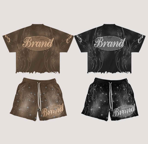 ชุดเสื้อยืดกางเกงขาสั้นลายกราฟิกแบบย้อมสีเอซิดสไตล์วินเทจประดับเพชรเทียมแนวสตรีทแวร์ ยูนิเซ็กส์ แบรนด์แฟชั่นสุดฮิต ขายส่ง - Product Image 1