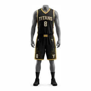 Ensemble de maillots de basket-ball personnalisés avec logo, pour hommes, noir et or, sublimé, col en V, sans manches, respirant, uniforme sportif, toutes saisons, adulte - Product Image 1