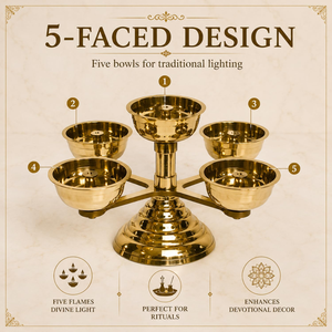 Lampe à huile traditionnelle en laiton pur à cinq faces Panchadeep Bhadradeepam, à mèches multiples, pour la décoration des temples, la prière à domicile et les fêtes. - Product Image 3