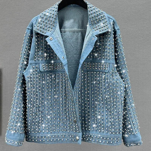 New Style <b>Men's</b> High Quality Winter Heavy Windproof Beaded Rhinestone <b>Denim</b> <b>Jacket</b> Casual Loose Diamond Work Design Decoration - Product Image 1