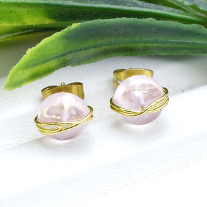 Rose Quartz Round Wire Wrapped <b>Stud</b> Earrings 8mm | Handmade Pink Gemstone <b>Studs</b> | Love Healing Gift - Product Image 3