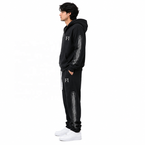 Conjunto de Sudadera con Capucha y Cremallera de Felpa de Algodón Grueso con Paneles Estampados en las Mangas y Joggers de Corte Holgado Estilo Urbano OEM - Product Image 4