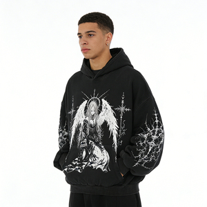 Sweat-shirt à capuche surdimensionné violet pour homme en coton French Terry avec imprimé Jésus, pull décontracté d'automne avec poche avant - Product Image 4
