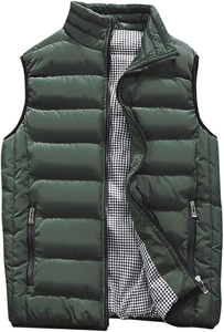 Chaleco Acolchado Verde para Hombre, Cuello Alto, Cierre de Cremallera, Cortavientos, Ropa de Invierno Informal, Color Sólido, Relleno de Poliéster, OEM - Product Image 2