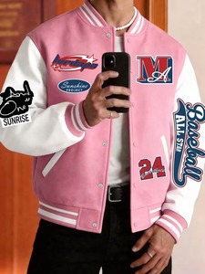 Premium Breathable Eco-Friendly <b>Fleece</b> <b>Lining</b> High Street Summer Pink Men's Varsity <b>Jacket</b> Embroidered Logo Patch Designs OEM - Product Image 1