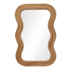 Cemented Finish Irregular Wooden <b>Wall</b> <b>Mirror</b> with Rattan Inlay Bohemian Decorative Framed Design For Interior Use - Product Image 6