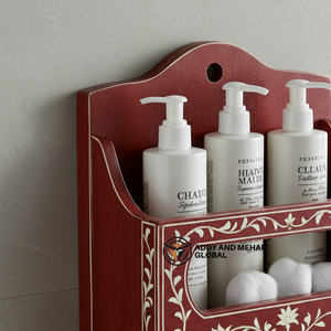 Organizador de almacenamiento rojo para montar en la pared del baño – Elegante estante de madera para baño y tocador - Product Image 2
