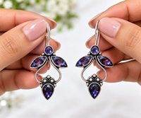 Boucles d'oreilles pendantes en pierre violette pour femmes |   Boucles d'oreilles tendance bohèmes ethniques en laiton fait main, argent oxydé