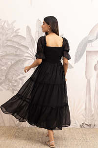 Robe longue en mousseline noire à col carré avec manches bouffantes, coupe trapèze ample, volants, robe d'été décontractée pour femme, magnifique robe imprimée - Product Image 4