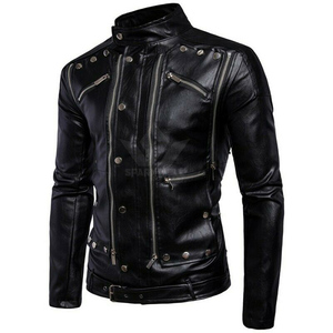 Custom Men's Genuine Leather Moto <b>Jacket</b> Zipper Closure Turn Down Collar Solid Black Regular Fit Autumn Outerwear - Product Image 2
