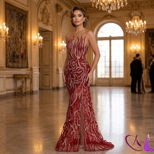 Robe de soirée longue en dentelle et sequins, ornée de perles, pour femmes |   Robe de soirée/mariage sans bretelles à col illusion ornée de cristaux - Product Image 2