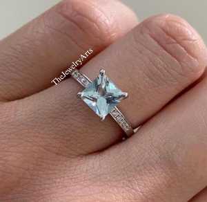 Anillo de Aguamarina Corte Princesa para Mujer, Plata de Ley 925, Gema Azul Cuadrada, Anillo de Compromiso, Anillo de Boda, Regalo para Ella - Product Image 4