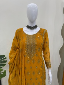 Premium femmes Georgette tissu brodé pakistanais Salwar Kameez costume ensemble mode avant Design pour fête vente fil - Product Image 3