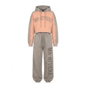Custom Women Two Tone <b>Cropped</b> Hoodie <b>Jogger</b> Set Cotton Fleece Casual Streetwear Tracksuit OEM Wholesale - Product Image 4