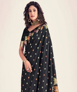 Black Digital Printed Silk Saree With <b>Butterfly</b> Pattern Traditional Indian Wedding Wear For Women - Product Image 3