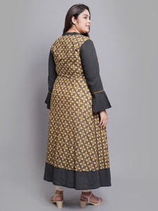 Black Cotton Anarkali Kurti With Floral And Stripe <b>Print</b> Embroidery Mandarin Collar Bell Sleeves For Plus Size Women's Wear - Product Image 4