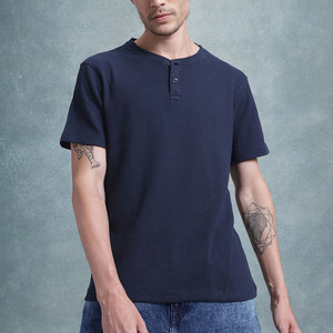 T-shirt en tricot à manches courtes pour homme, col rond, couleur unie, respirant, coupe classique, vêtements décontractés, bleu marine - Product Image 1