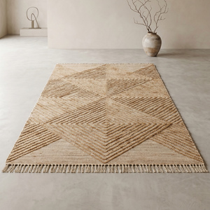 Strukturierter Handgewebter Natürlicher Jute-Teppich Moderner Rutschfester Beiger Geometrischer Diamantmuster Flachgewebter Teppich mit Fransenkanten für Wohnzimmer - Product Image 1