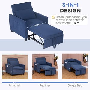 3-in-1 Convertible Blue Sofa Bed Pull Out Sleeper Chair with Adjustable <b>Backrest</b> and Pillow Pockets - Product Image 4