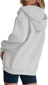 Sweat-shirt à capuche surdimensionné pour femme en polaire avec fermeture éclair, poches avant avec logo, manches classiques, vêtement d'automne - Product Image 5