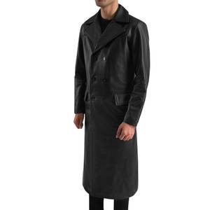 <b>Men's</b> Slim Fit Black Sheephide Genuine Leather <b>Trench</b> <b>Coat</b> Double Breasted Winter Knee Length Waterproof Overcoat - Product Image 6