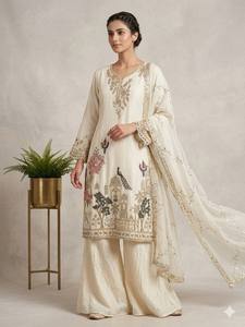 Indian Pakistani Ivory Color Punjabi Salwar <b>Suit</b> Gharara Sharara Winter <b>Wedding</b> Georgette Traditional <b>Woman</b> <b>Dress</b> Embroidery - Product Image 2