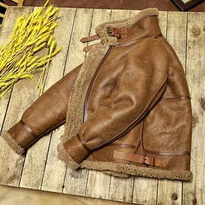 Veste d'aviateur en cuir véritable pour homme, doublée en sherpa, fermeture éclair, style motard, épaisse et chaude, style fourrure. - Product Image 5