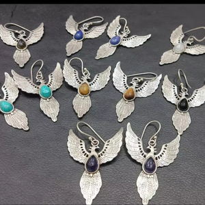 Handcrafted Bohemian <b>Huggie</b> <b>Earrings</b> Assorted Semi-Precious Stones Assorted Gemstone Angel Wing Jewelry for Hippie Style - Product Image 1