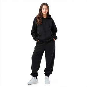 Women Black Hooded Tracksuit 100% Cotton Full Length Loose Fit Casual <b>Jogger</b> <b>Set</b> With Side Pockets Autumn Wear - Product Image 6