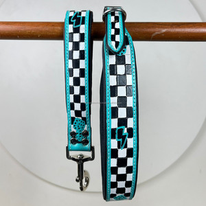 Recién llegado, patrón de tablero de ajedrez, correa de perro de cuero y Collar, juegos de cables de tráfico adecuados para perros pequeños y medianos - Product Image 6