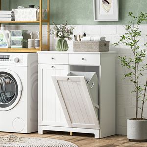 Mobiletto Portabiancheria Moderno Bianco Ecologico con 2 Cesti Ribaltabili e 2 Cassetti per Bagno o Cucina - Product Image 2
