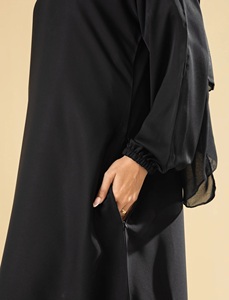Muslim Women Simple Polyester Fiber Everyday Casual Formal Black Abaya Set Long <b>Elastic</b> Sleeve Floor-Length Straight Saudi - Product Image 6